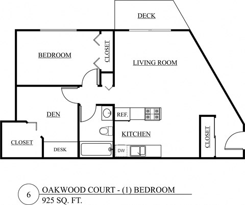 Floor plan for 1 bed, 1 bath, 925 sqft